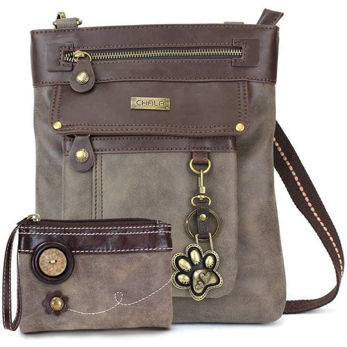 Chala GEMINI Crossbody Faux Leather Gift Messenger Bag with Double Zip Wallet (Paw Print - Stone Grey) Clothing Shoes & Jewelry Gloria’s 