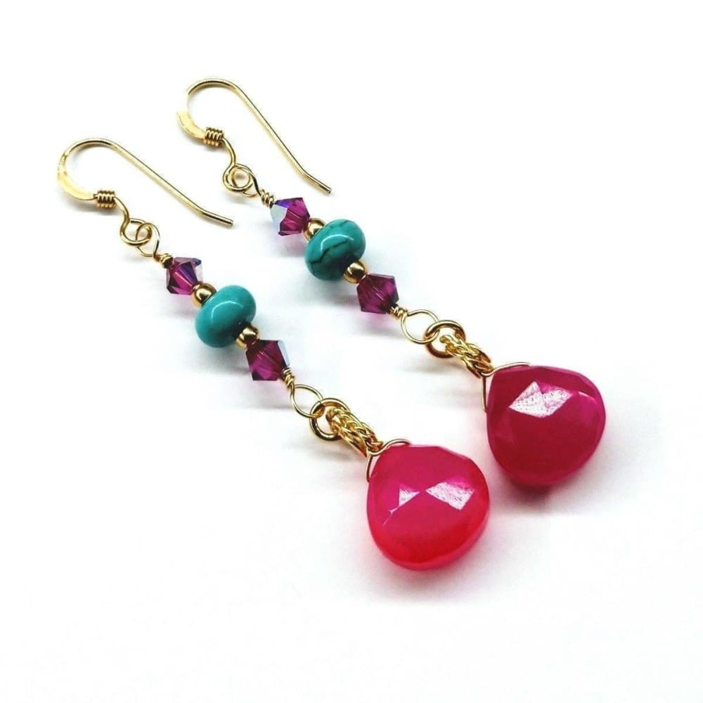 Gold Filled Wire Wrapped Pink And Turquoise Gemstone Earrings Earrings Gloria’s Accessory Heaven