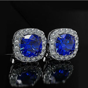 Iridescent Amethyst Gemstone Princess Halo Cut Stud Earring With Sapphire Earrings Gloria’s Accessory Heaven