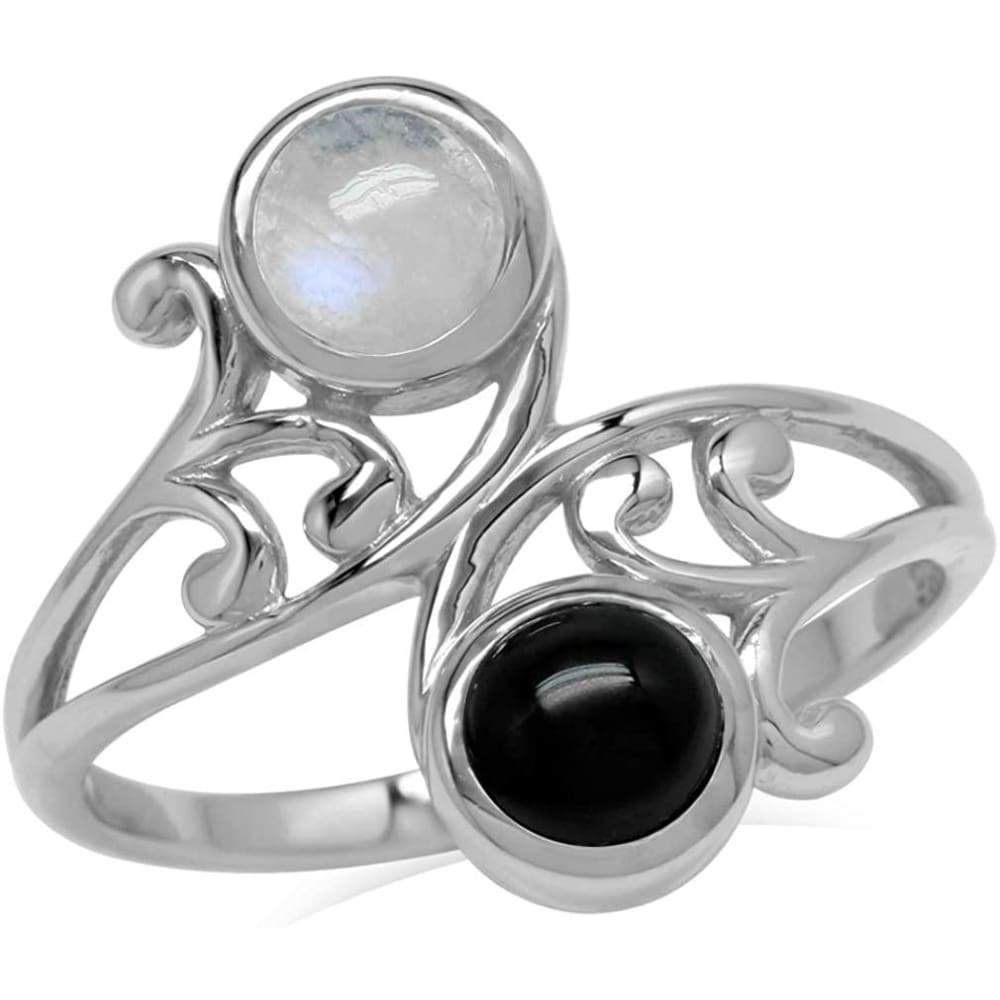 Silvershake 5mm Natural Round Shape Moonstone and Onyx 925 Sterling Silver Leaf and Swirl Style Bypass Ring Clothing Shoes & Jewelry 